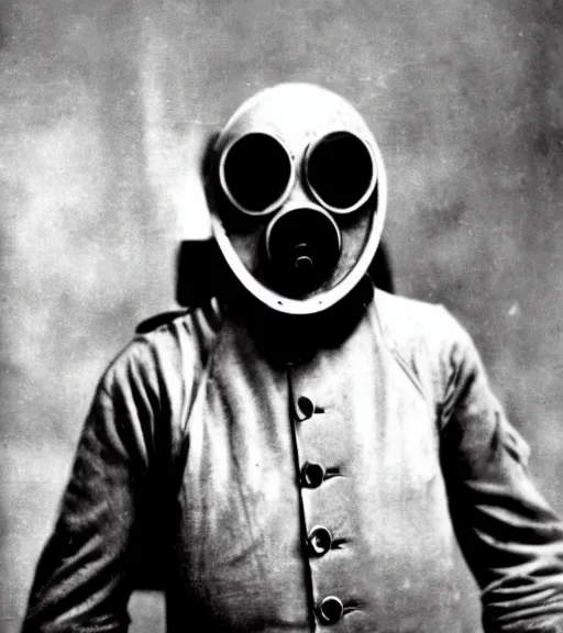 Prompt: man in a anti-radiation suit and gasmask, ww1 film photo, grainy, high detail, high resolution