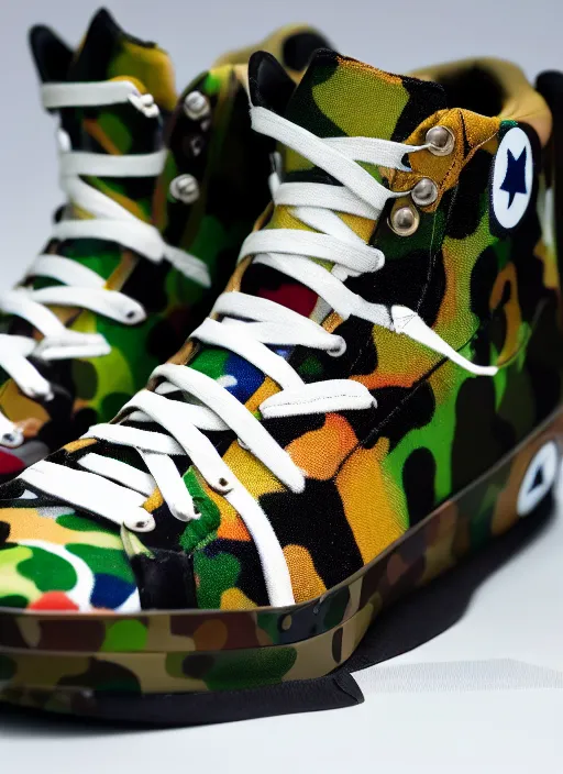 Image similar to hyperrealistic and heavy detailed product photo bape avant garde shoe of movie the fifth element, in front of white back drop, whole shoe is in picture, leica sl 2 5 0 mm, vivid color, high quality, high textured, real life