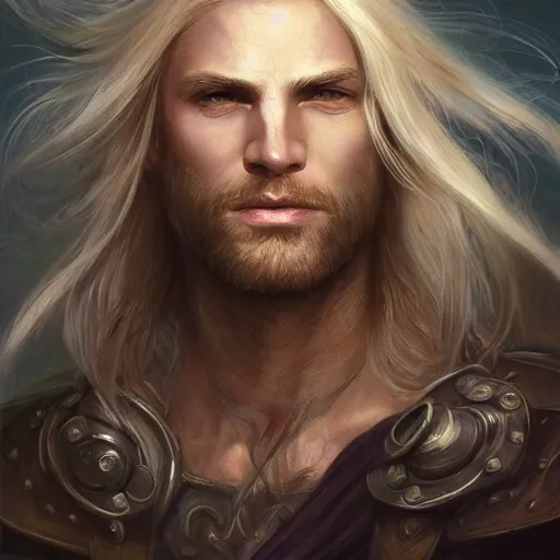 Image similar to portrait, handsome long - haired fantasy paladin, blond, rpg game, stern expression, long hair, highly detailed, digital painting, artstation, concept art, smooth, sharp focus, illustration, artgerm, tomasz alen kopera, peter mohrbacher, donato giancola, joseph christian leyendecker, wlop, frank frazetta