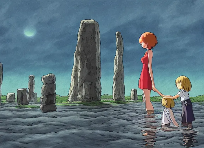 Image similar to a realistic cell - shaded studio ghibli concept art from paprika ( 2 0 0 6 ) of a flying multi - colored cube from close encounters of the third kind ( 1 9 7 7 ) and a grey long - haired witch in a flooded stonehenge on a misty starry night. very dull colors, wide shot, hd, 4 k, hq