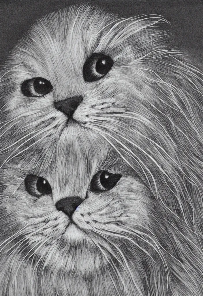 Image similar to longhair floof fluffy coiffed groom elegant gorgeously champion cute pretty scottish fold, radiant line art pen and ink and paint, grisaille dark monochrome with neon fluorescent color airbrush spraypaint accents, by jules julien, wes anderson, lisa frank
