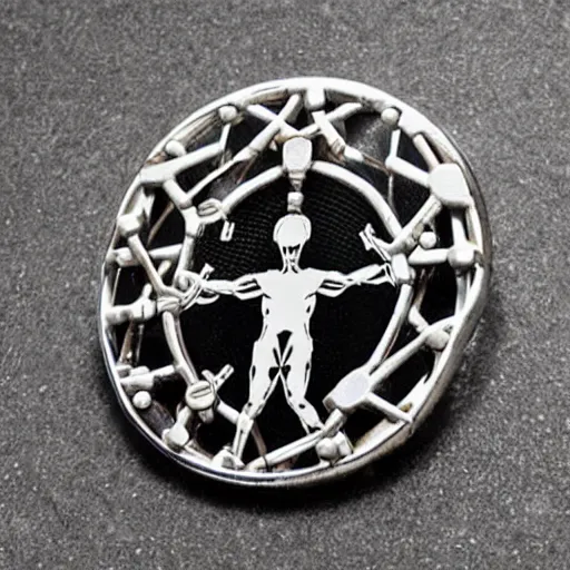 Image similar to transhumanism, metal badge with a hair clip