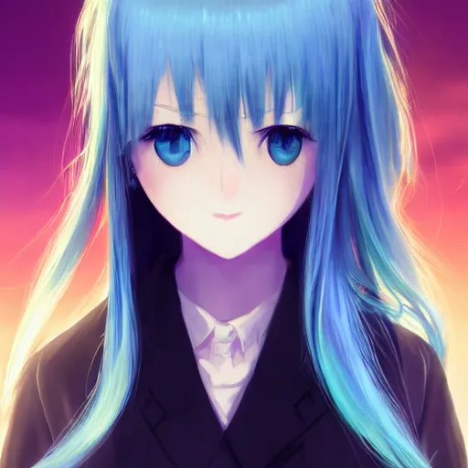 Image similar to full face shot of rimuru tempest, sky blue straight hair, long bangs, with amber eyes, wearing a fancy black jacket, high collar, ultra detailed, brush strokes, digital painting, cinematic, wlop artstation, closeup, pixiv, intense, intimidating glare, photorealistic, overpowering, makoto shinkai, andy warhol,