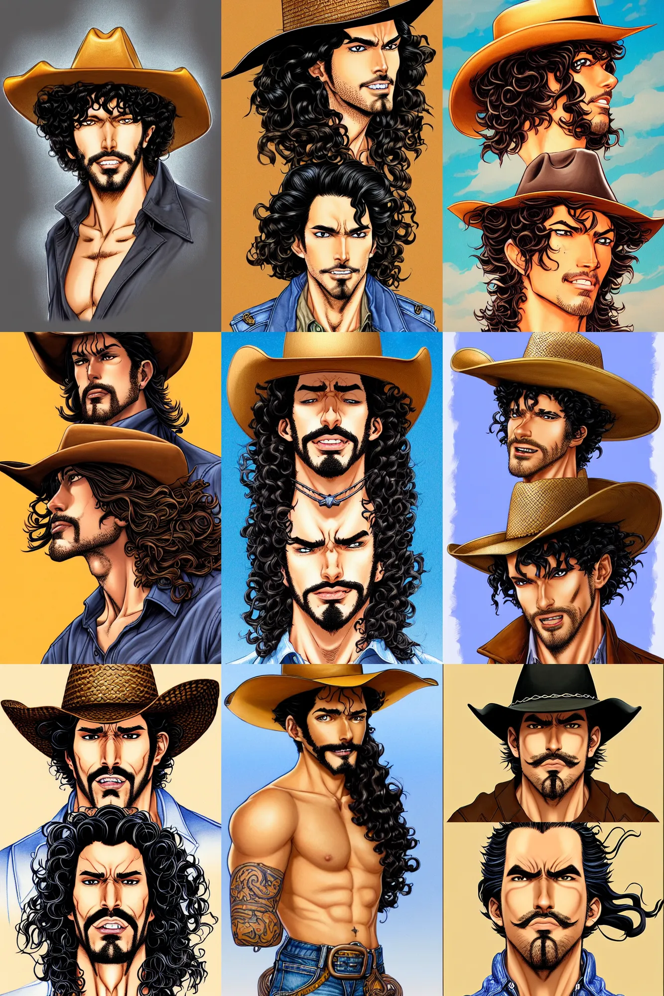 Prompt: illustration of a handsome!! man with long black curly hair + tan skin + anchor goatee | wearing a cowboy hat | art by hirohiko araki & jean giraud & artgerm & jack kirby | artstation, character design, concept art, full body, digital painting | intricate, high detail, smooth, sharp focus