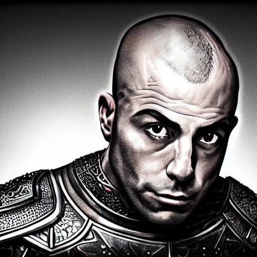 Image similar to joe rogan wearing knights armor, hyper realistic, close up, symmetrical face, 4 k, highly ornate intricate details,