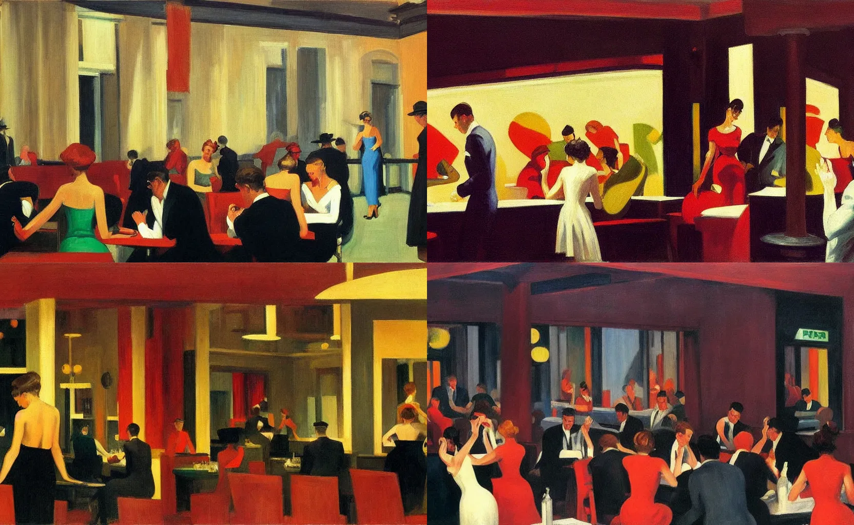 Prompt: the interior of a lively 50s jazz club, painting by Edward Hopper