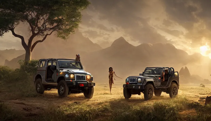 Prompt: mahindra thar driving through madagascar with baobabs trees, tribe members chasing for an attach, action scene, an epic fantasy, artgerm and greg rutkowski and alphonse mucha, an epic fantasy, volumetric light, detailed, establishing shot, an epic fantasy, cinematic, photorealistic, trending on art station, octane render, midsommar