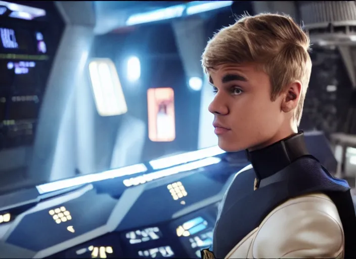 Image similar to Justin Bieber plays as captain in Star Trek Discovery, engine room and warp core in the background, 35mm photography, highly detailed, cinematic lighting, 4k