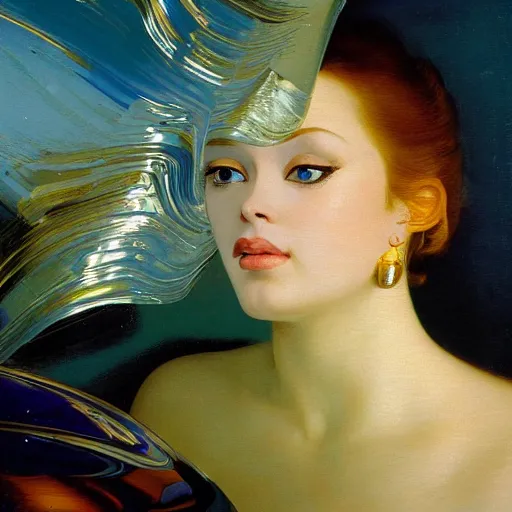 Image similar to a chrome woman's face in flowing sheets of cobalt blue gold chrome silver satin mirror foil, by moebius syd mead roger dean wojciech siudmak donato giancola yoshitaka amano michael cheval ivan aivazovsky jan de heem pieter claesz paul delaroche alma tadema aelbert cuyp, hyperrealistic volumetric light render