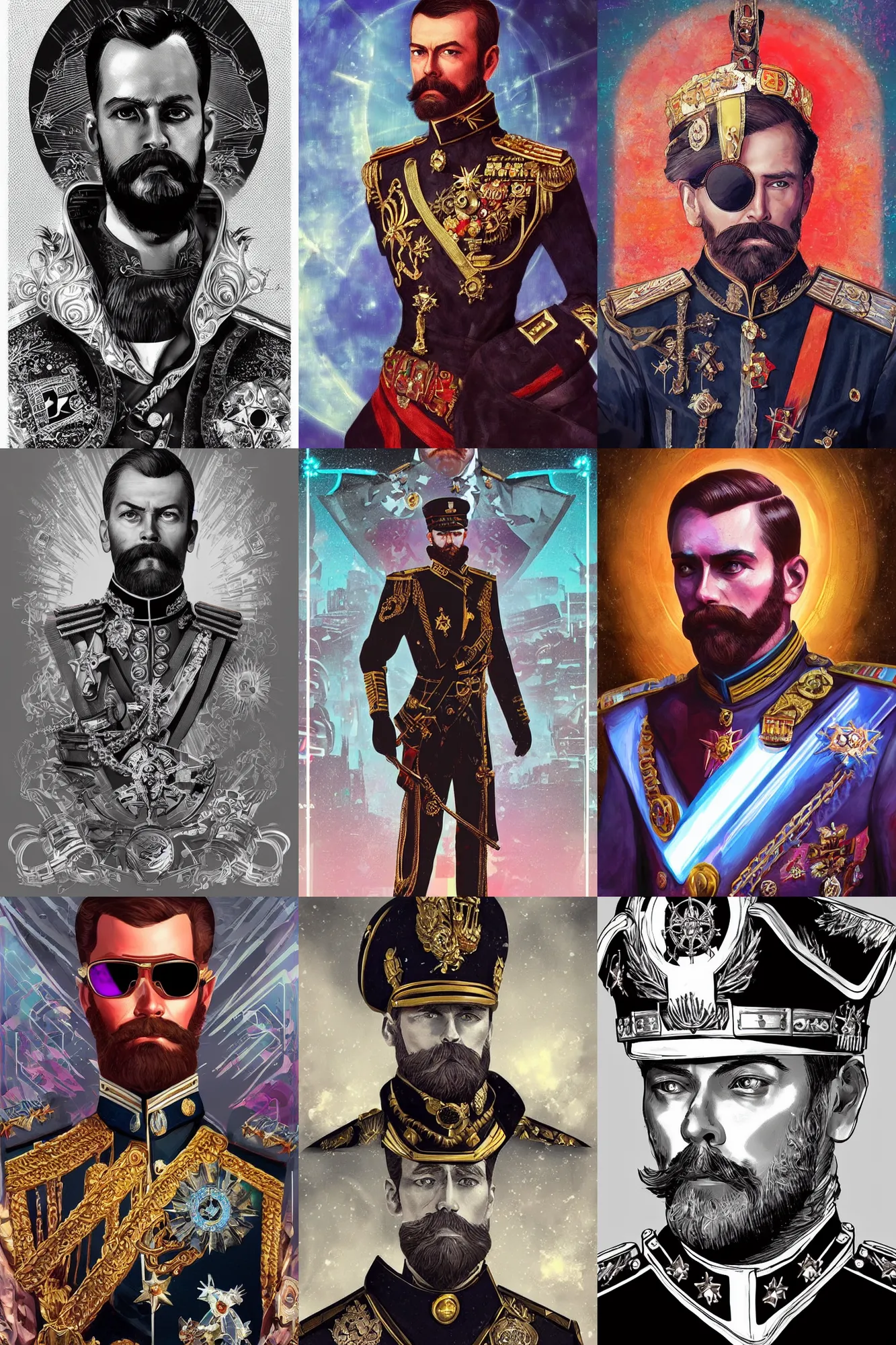 Image similar to Nicholas II of Russia, cyberpunk, synthwave, ornate, digital art, illustration, artstation, youtube, full body, black sun halo, in style of synthwave, warhammer