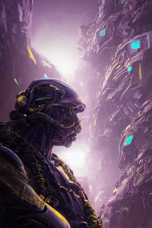 Image similar to portrait sci-fi art by Moebius and Ruan Jia and Joao Silva, a glowing alien liquid metal orb floating above the hand of a soldier, solar flares, futuristic environment, detailed and intricate environment, fractal biomech, cyberpunk, neon color, purple bioluminescence, gold and black metal, dramatic lighting, cinematic, high technology, highly detailed portrait, digital painting, artstation, concept art, smooth, sharp focus, ilustration, Artstation HQ