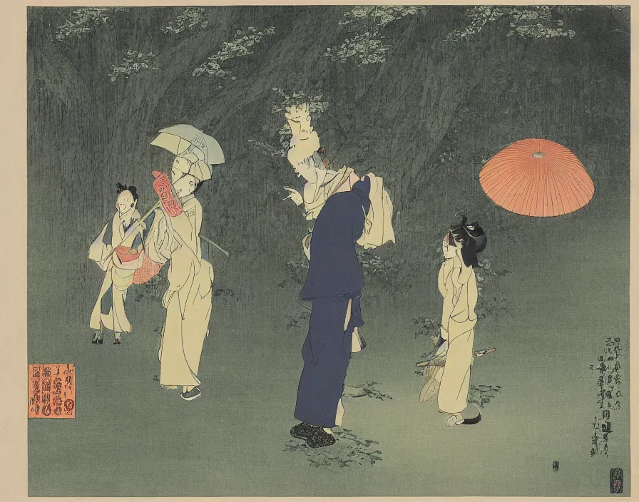 Prompt: A female Retzling with short blond air, standing with big Totoro at a japanese bus stop, holding an umbrella, in the dark forest, rainy night, Ukiyo-e, Katsushika Hokusai,