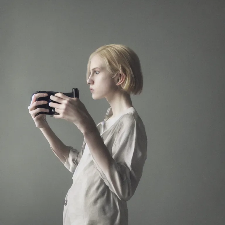 Image similar to cute annie leonhart taking a photo of annie leonhart wallpaper, beautiful face, pale skin, rule of thirds, cinematic lighting, rainy weather, melancholy atmosphere, volumetric light, realistic reflections, sharp focus, backlit, model agency, instagram photo, shot on iphone 1 3 pro max, hyper realistic,