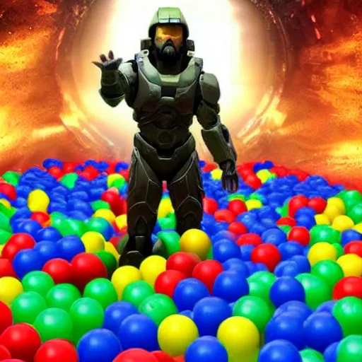 Prompt: Jesus playing in a ball pit with Master Chief from the Halo Franchise. There are balls flying around everywhere and eyes peeking out from in between the balls in the pit. Award winning photograph, HD