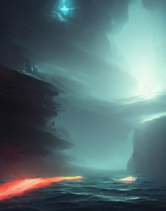 Image similar to All steam ahead, exploring the mysterious sea of the Metaverse full of glowing dangers, digital art, dark atmosphere by Marby Kwong, (((((((Makoto Shinkai Raphael Lacoste Martin Deschambault Finnian MacManus ArtStationhq IAMAG