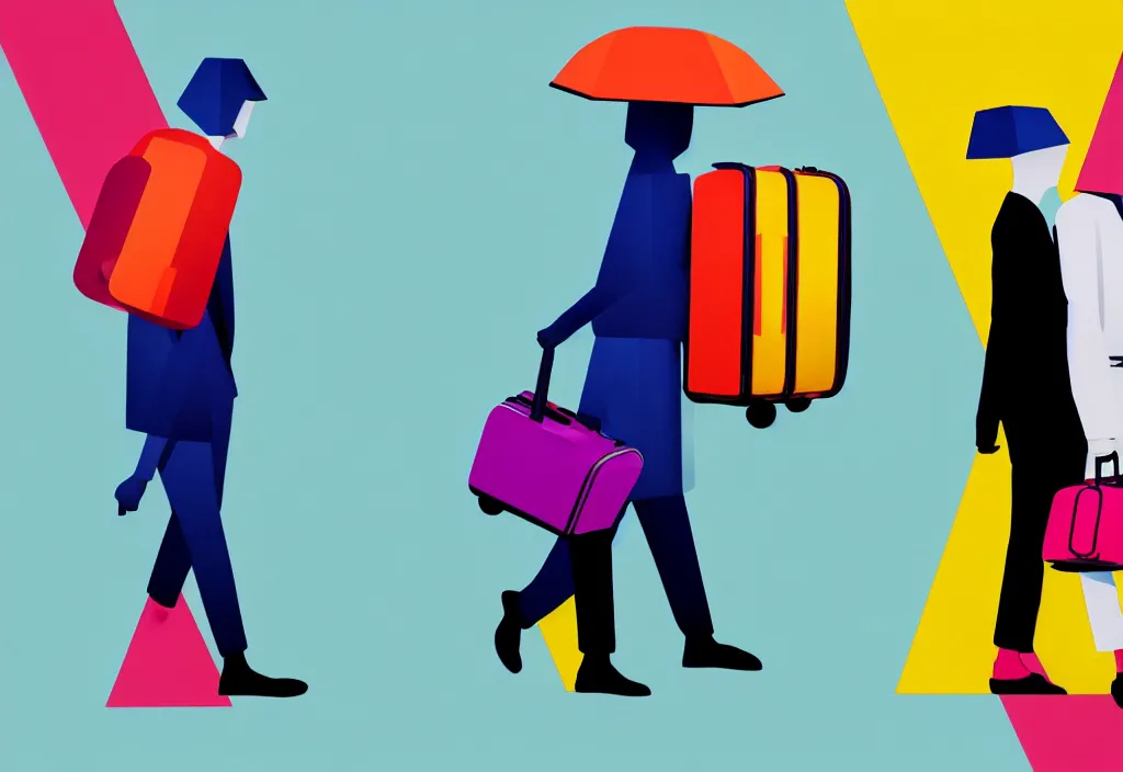 Prompt: full body portrait of a duo of european tourists travel apparel, various poses walking and carrying luggage, geometric character designs painting, in the style of wes anderson, rene magritte, lola dupre, david hockney, isolated on white background, dark monochrome neon spraypaint accents octane render