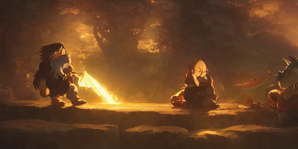 Image similar to a dwarf and his pet dragon drinking a beer together | gapmoe kuudere moody lighting stunning bokeh highlights sharp contrast | trending pixiv fanbox | by greg rutkowski makoto shinkai takashi takeuchi studio ghibli