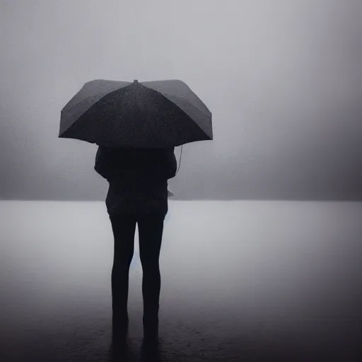 Image similar to dramatic picture of a person standing sideways far away in the middle of a heavy rain surround by grey and grey clouds realistic photo cinematic