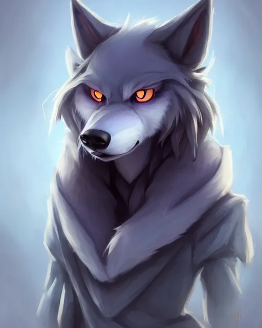 Image similar to character concept art of a dark gray anthropomorphic furry wolf with long red hair blue eyes | | cute - fine - face, pretty face, key visual, realistic shaded perfect face, fine details by stanley artgerm lau, wlop, rossdraws, james jean, andrei riabovitchev, marc simonetti, and sakimichan, artstation