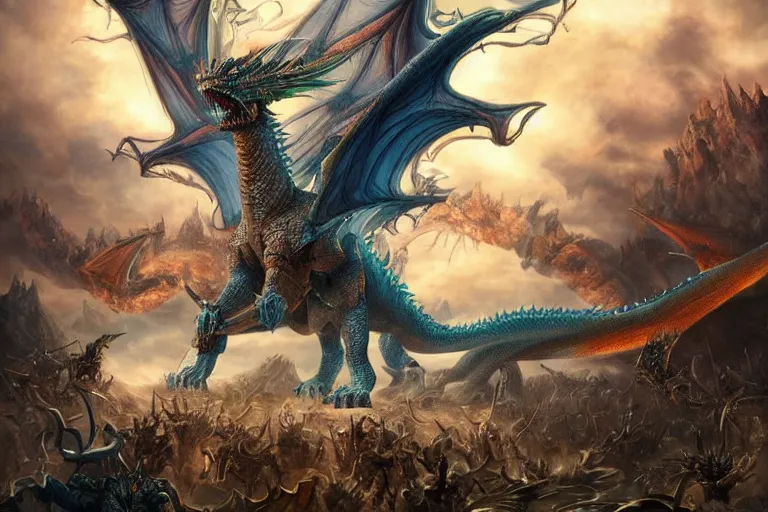 Prompt: ultra realist soft painting of an epic army facing a gigantic dragon, very intricate details, golden ratio, volumetric rainbow lighting, reflections, refractions, symmetry accurate anatomy features, fantasy war scene background, unreal render, Boris Vallejo artstyle