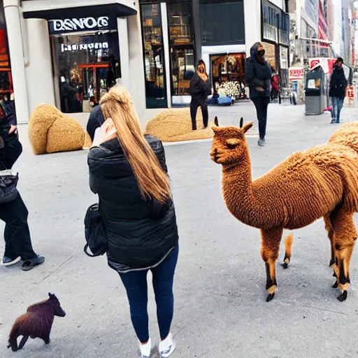 Prompt: <photo hd dslr location='New York City'>Two people in front of a store</photo><photobomb>Alpaca</photobomb>