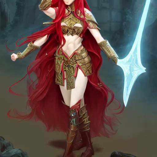 Image similar to a female elven cleric with red long hair, very good beautiful heavy scale armor, wearing a cape, casting a fire spell, dungeon background, magical, bright, colorful, fantastic lighting, amazing details, 4 k uhd, illustration by stephanie brown and mingchen shen and ilya kuvshinov, artstation, pixiv, concept art,