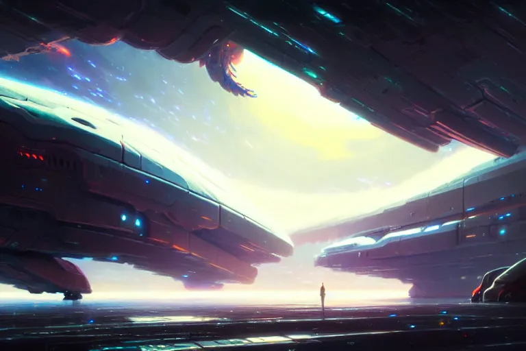 Prompt: concept art painting of an infinitely large spaceship, cosmic horror, dynamic lighting, vibrant, realistic, detailed, dark, by makoto shinkai and greg rutkowski