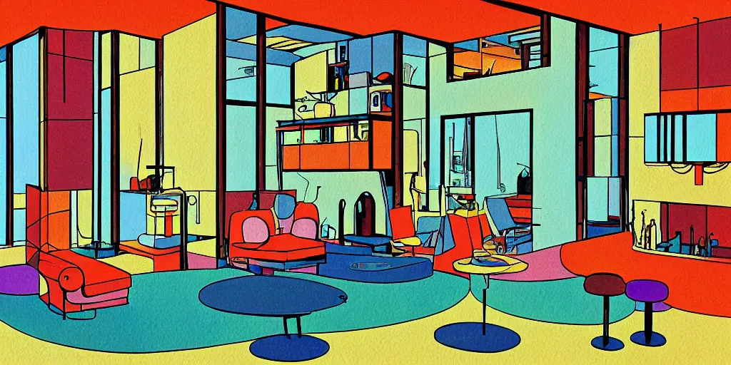 Image similar to modernist interior, seen from above, by René Laloux, line brush, full colour, coloured background