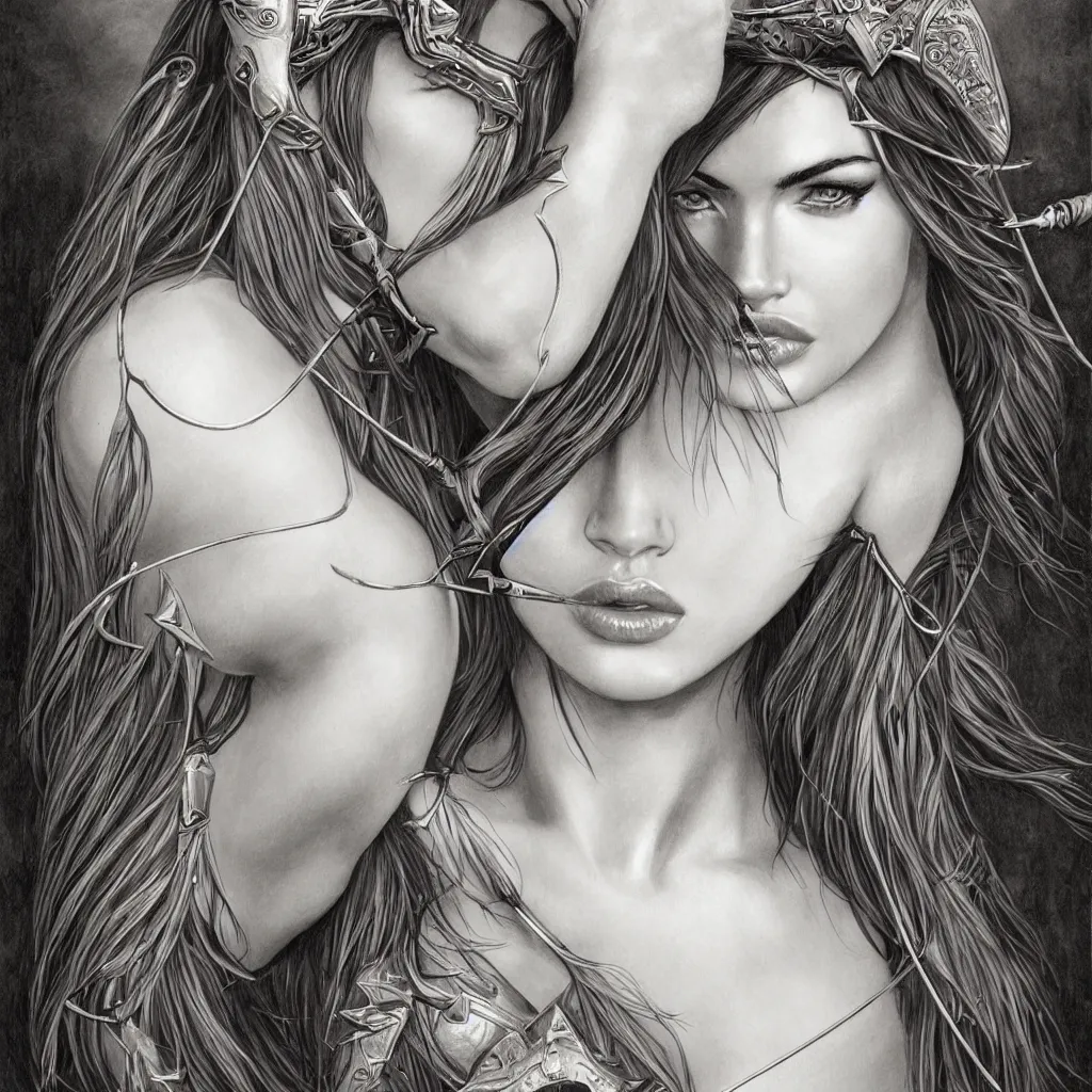 Image similar to portrait of beautiful megan fox as greek goddess aphrodite, archer, arrow on the head, beautiful piercing eyes, flowing blonde hair, realistic face, black and white drawing, in the style of greg rutkowski, fantasy, amazing detail, epic, intricate, elegant, smooth, sharp focus