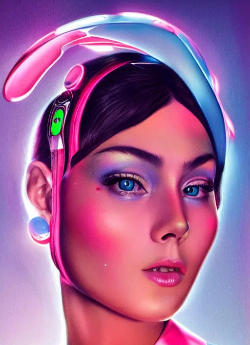 Prompt: gorgeous android woman facial portrait dressed in an aerobic outfit of the eighties with head band, retro, beautiful lights, vintage look, depth of field, hyper realistic, illustration, airbrush, 8 k, intricate, duo tone, art by david la chapelle and philip castle, artgerm