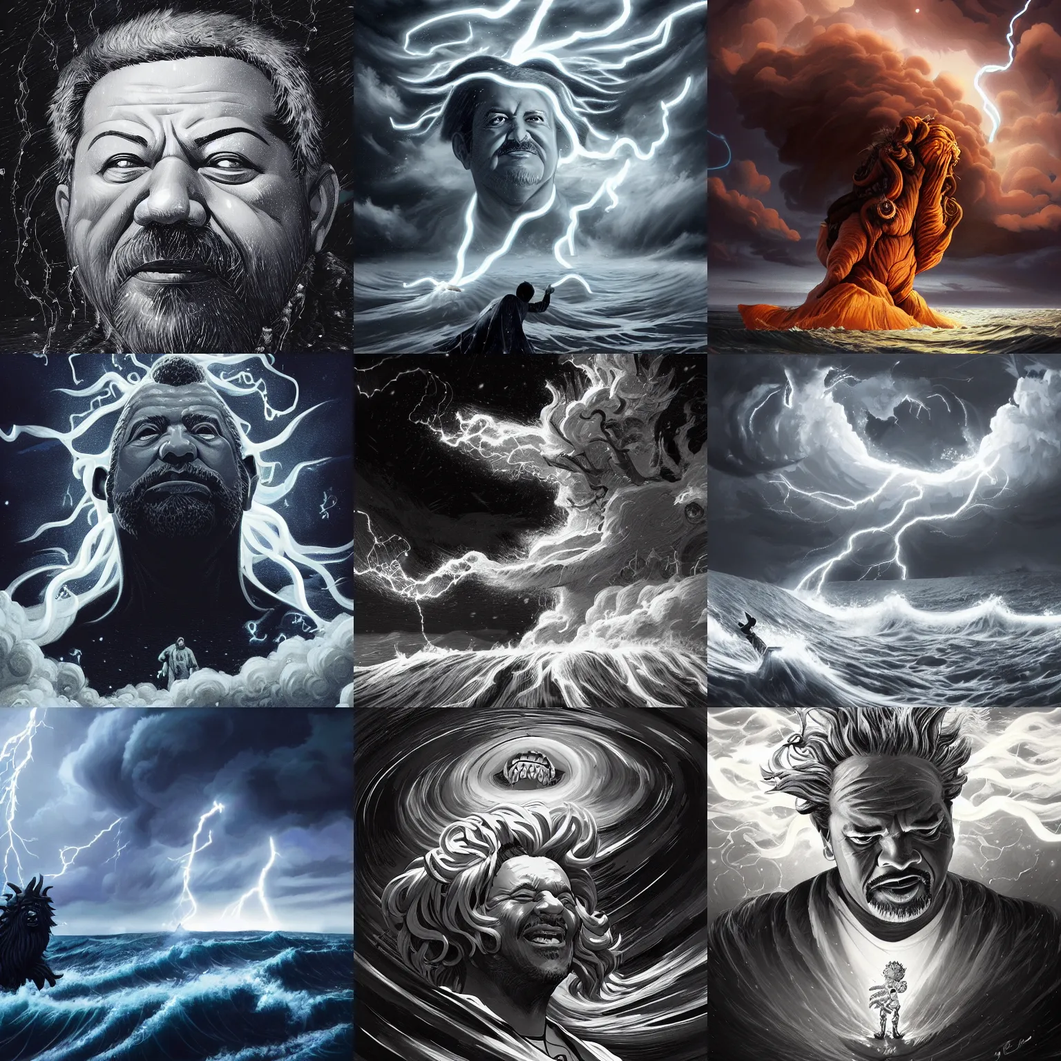 Prompt: black and white portrait of luis inacio lula da silva as a cosmic monster in a stormy sea, lightning in the background, high detail painting, by jesper ejsing, by rhads, makoto shinkaih and lois van baarle, ilya kuvshinov, rossdraws global illumination, cinematic