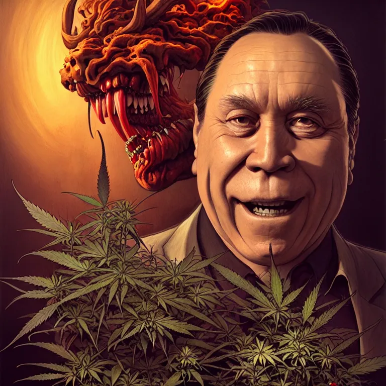 Prompt: a portrait of a devil mad cannabis premier francois legault in 2 0 2 1 illustrated by miyazaki by karol bak, james jean, tom bagshaw, rococo, sharp focus, trending on artstation, cinematic lighting, hyper realism, octane render, 8 k, hyper detailed, vivid, ultra detailed, highly detailed