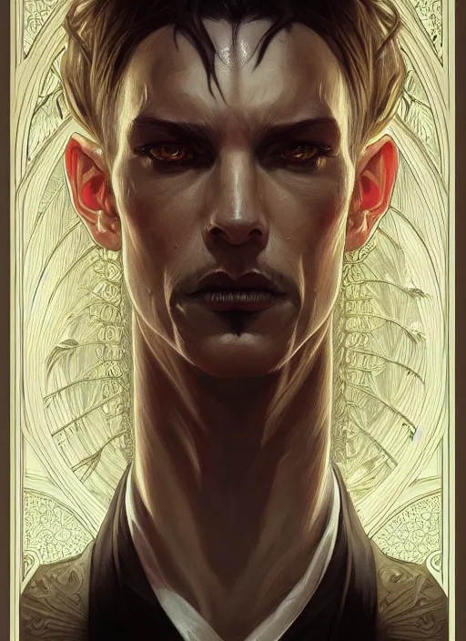 Image similar to symmetry!! portrait of a man with snake hair, gothic, dark, intricate, elegant, highly detailed, digital painting, artstation, concept art, smooth, sharp focus, illustration, art by artgerm and greg rutkowski and alphonse mucha