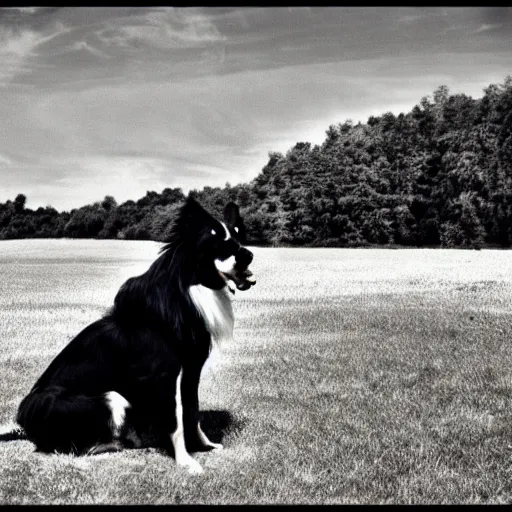Image similar to collie with huge stick balanced horizontally, film grain, specular highlights, wide angle lens, cinematic