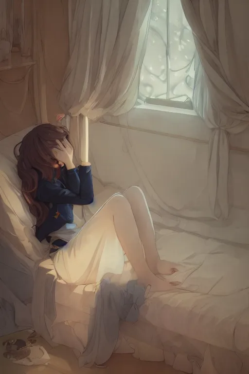 Image similar to a teenage girl in a jk uniform outfit in the bedroom reading a book in a night, raining outside the window, grey and orange theme ， wavy white long hair, by krenz cushart and mucha and akihito yoshida and greg rutkowski, detailed eyes, 4 k resolution