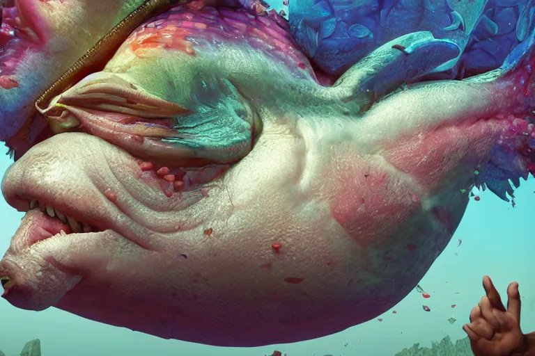 Image similar to of a very beautiful scene. ambient occlusion render. a sweet fat old woman is giving a birth to a huge colorful fish. hyper realistic. 4 k. wide angle. wild. symmetrical face, red mouth, blue eyes. deep focus, lovely scene. ambient occlusion render. concept art. unreal engine.