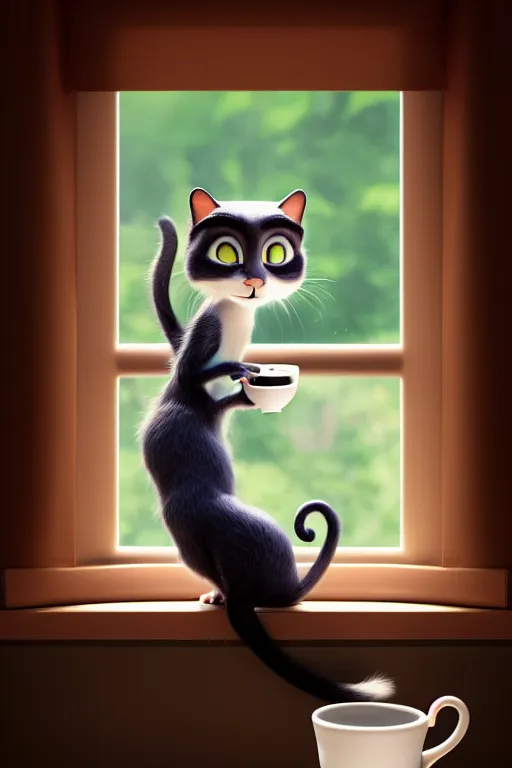 Image similar to beautiful cat holding one cup of coffee at house window. Pixar Disney 4K 3d render funny animation movie Oscar winning trending on ArtStation and Behance. Ratatouille style.