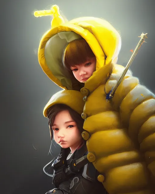 Image similar to a tiny combat kid wearing a puffy yellow jacket and a wizard wand, smooth, intricate, elegant, digital painting, artstation, concept art, sharp focus, octane render, illustration, art by ayami kojima, overwatch character,