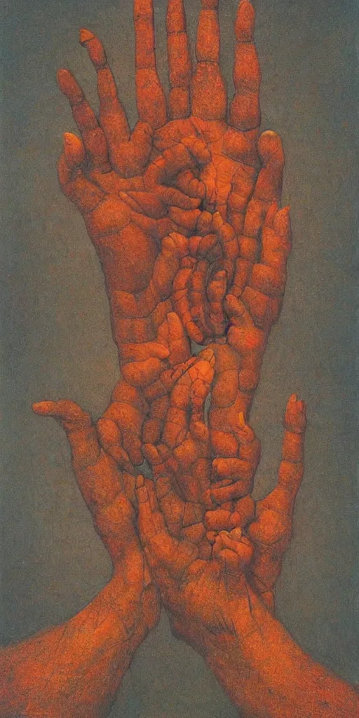 Image similar to a giant hand with an eye at the center, reaches enlightenment and nirvana, beksinski