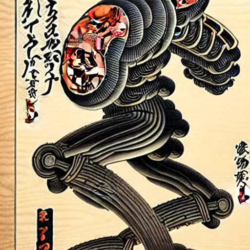 Image similar to biomechanical ukiyo - e woodblock, very detailed, hyperrealistic