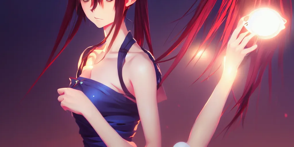 Image similar to beautiful anime girl holding a light source inside her hand, wearing samurai armor, expert high detail concept art, character design, perfect proportions defined faces, vivid colors, photorealistic shaded lighting poster ilya kuvshinov, katsuhiro, makoto shinkai, wlop, loish and clamp style, trending on artstation, best selling artist