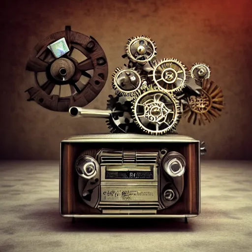 Image similar to octane render of a mechanical wind-up steampunk cd player with gears