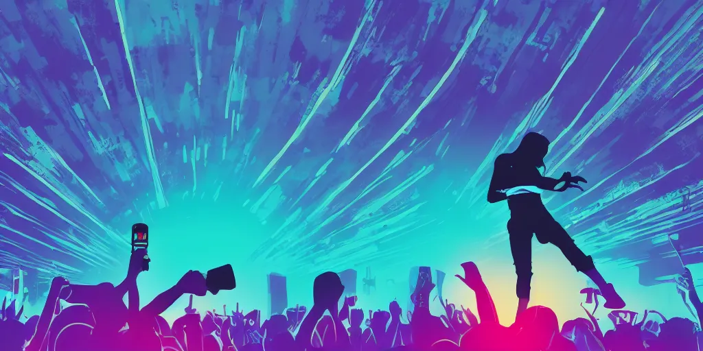 Prompt: rapping into microphone, silhouette, huge crowd, outrun, vaporwave, hip hop, simple shapes, trending on Artstation, professional artist, detailed, 4k