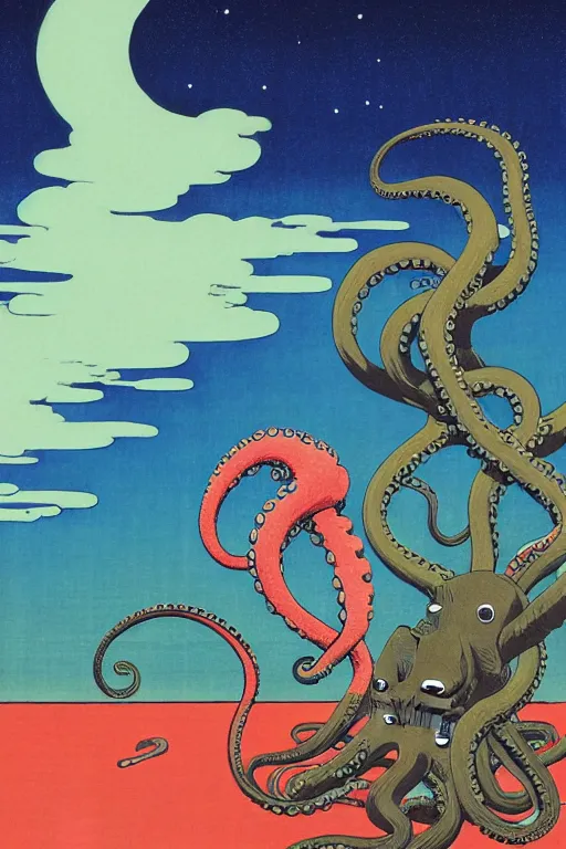 Image similar to the monkey and the octopus are best friends, photoillustration ink drawing acrylic art digital illustration oil on canvas photorealistic polished sci - fi ukiyo - e david rios ferreira filmic stock photo landscape polished photorealistic, by kawase hasui, moebius and edward hopper, vivid bright light, colorful flat surreal design, hd, 4 k, artstation