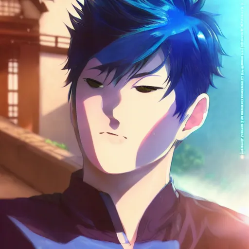 Image similar to very cool anime boy, short silver hair, azure blue watery eyes, full round face, seductive glances, wearing River City Ransom suit, lens flare, cinematic lighting, medium shot, mid-shot, highly realistically detailed, trending on pixiv, Unreal Engine 4k, Stanley Artgerm Lau, WLOP, Rossdraws, James Jean, Marc Simonetti