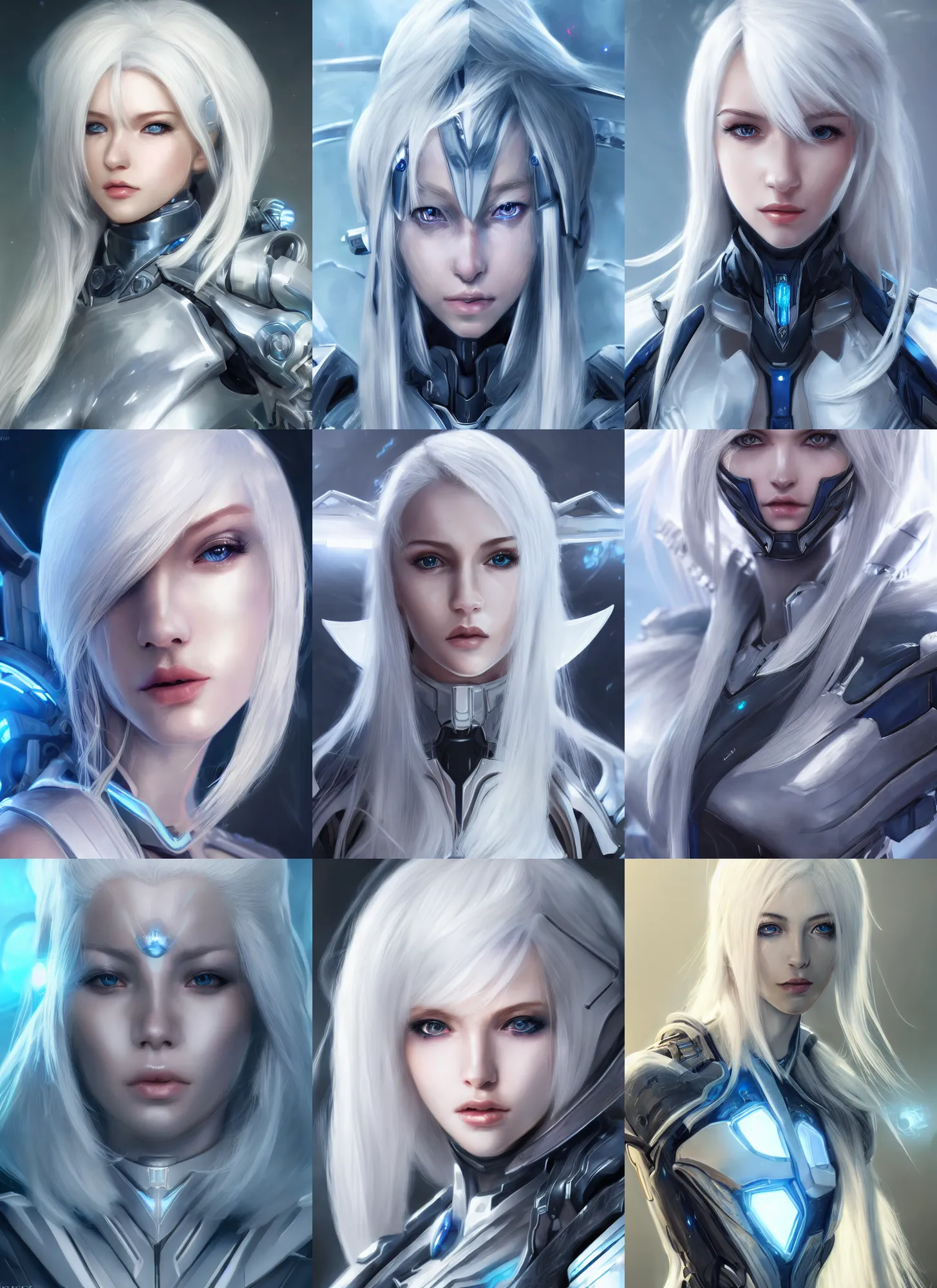 Image similar to detailed portrait of perfect white haired girl, android, warframe armor, beautiful, pretty face, blue cyborg eyes, innocent, scifi, 4 k, sun yunjoo, ultra realistic, aura of light, cinematic lighting, highly detailed, sharp focus, artstation, masterpiece, art by hyungjin yang