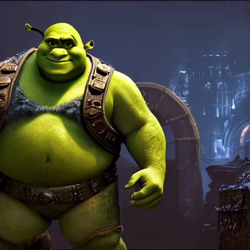 Image similar to Shrek!! as Shrek!! in 'Gears of War', splash art, movie still, cinematic lighting, detailed face, dramatic, octane render, long lens, shallow depth of field, bokeh, anamorphic lens flare, 8k, hyper detailed, 35mm film grain