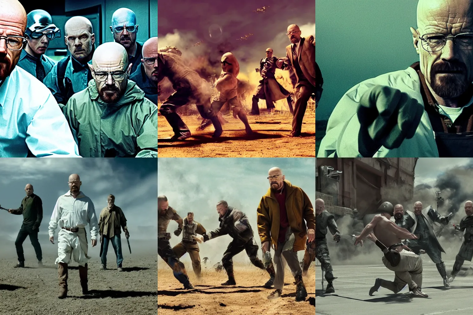 Prompt: cinematic action shot of an epic battle but everyone is Walter White