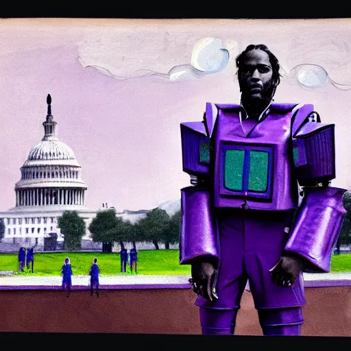 Image similar to Pusha T standing in front of Washington DC capitol hill in the 19th century wearing purple and blue robot mech armour suite in naturalistic technique, bold brushwork, light and shadow, depth. Sense of movement H 576