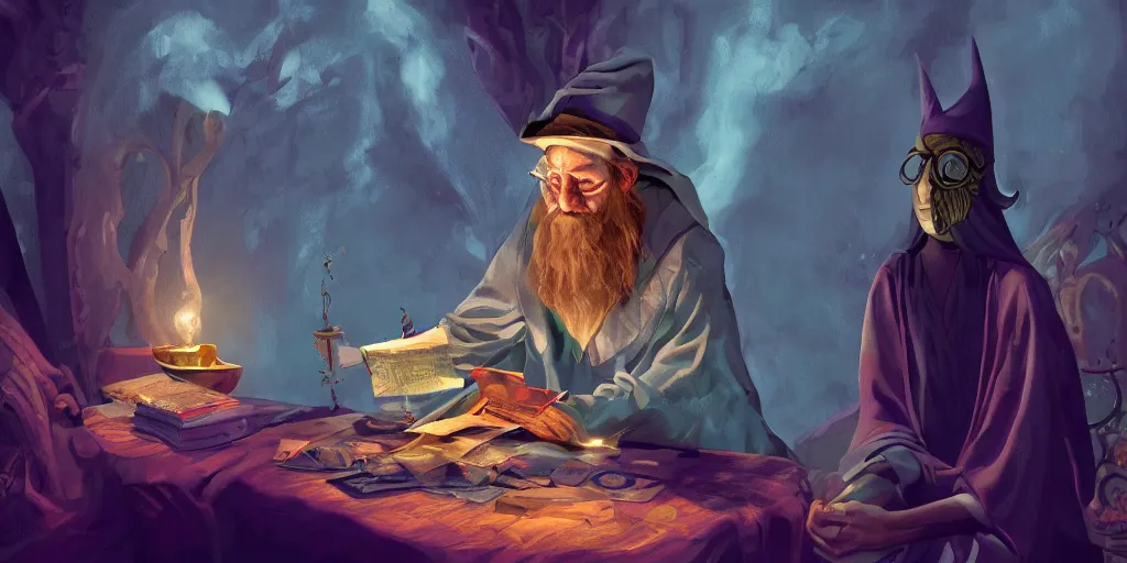 Image similar to wizard performing a tarot reading, cards, fantasy, digital art, soft lighting, concept art, 8 k